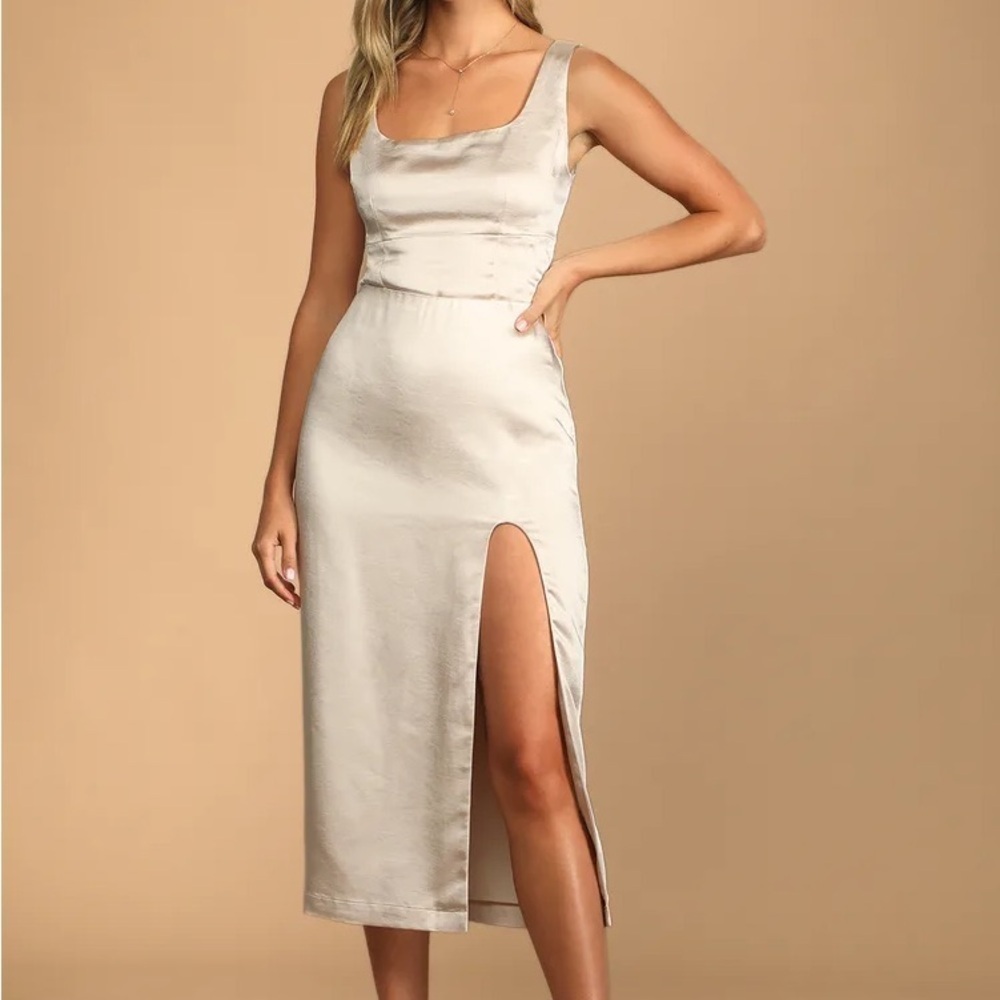LULU’S Headed To Happy Hour Champagne Satin Midi Skirt